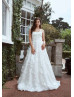 White Lace Tulle Pearls Embellished Floral Wedding Dress White Lace Tulle Pearls Embellished Floral Wedding Dress